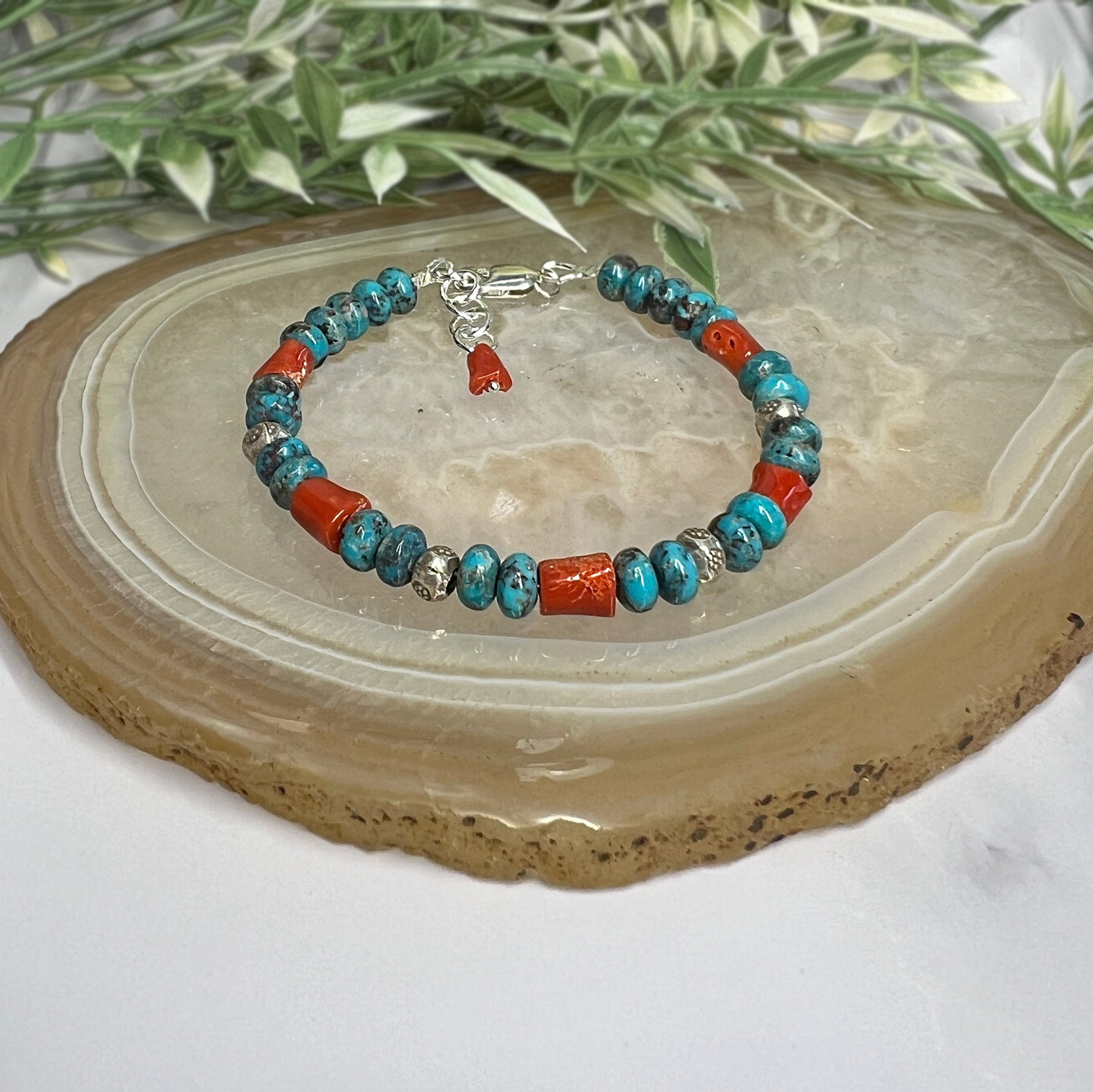 Turquoise, Red Coral and Karen Hill Tribe Silver Bracelet - Artisan Made