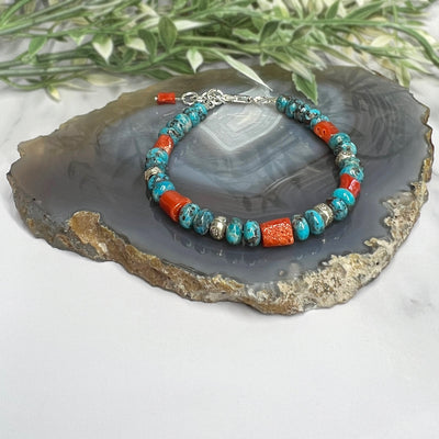 Turquoise, Red Coral and Karen Hill Tribe Silver Bracelet - Artisan Made