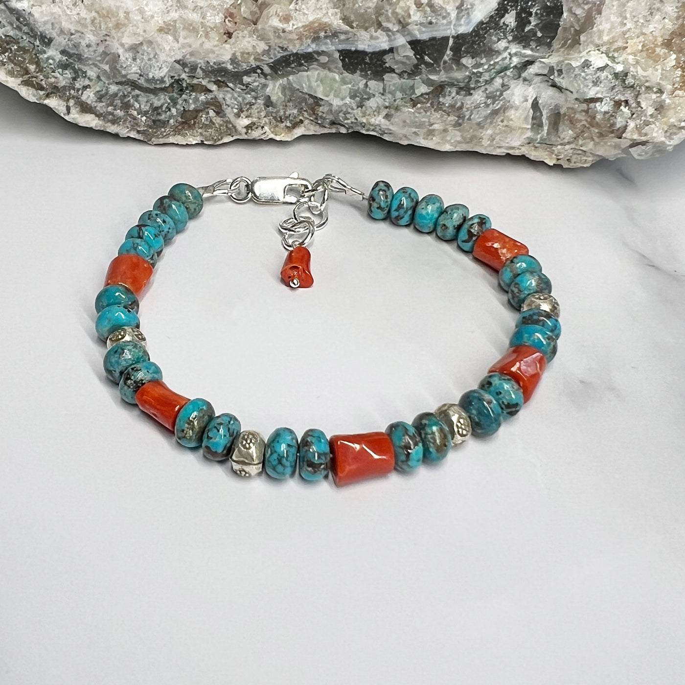 Turquoise, Red Coral and Karen Hill Tribe Silver Bracelet - Artisan Made