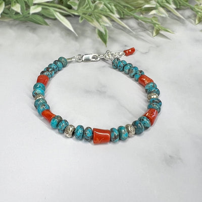 Turquoise, Red Coral and silver Bracelet - Artisan Made