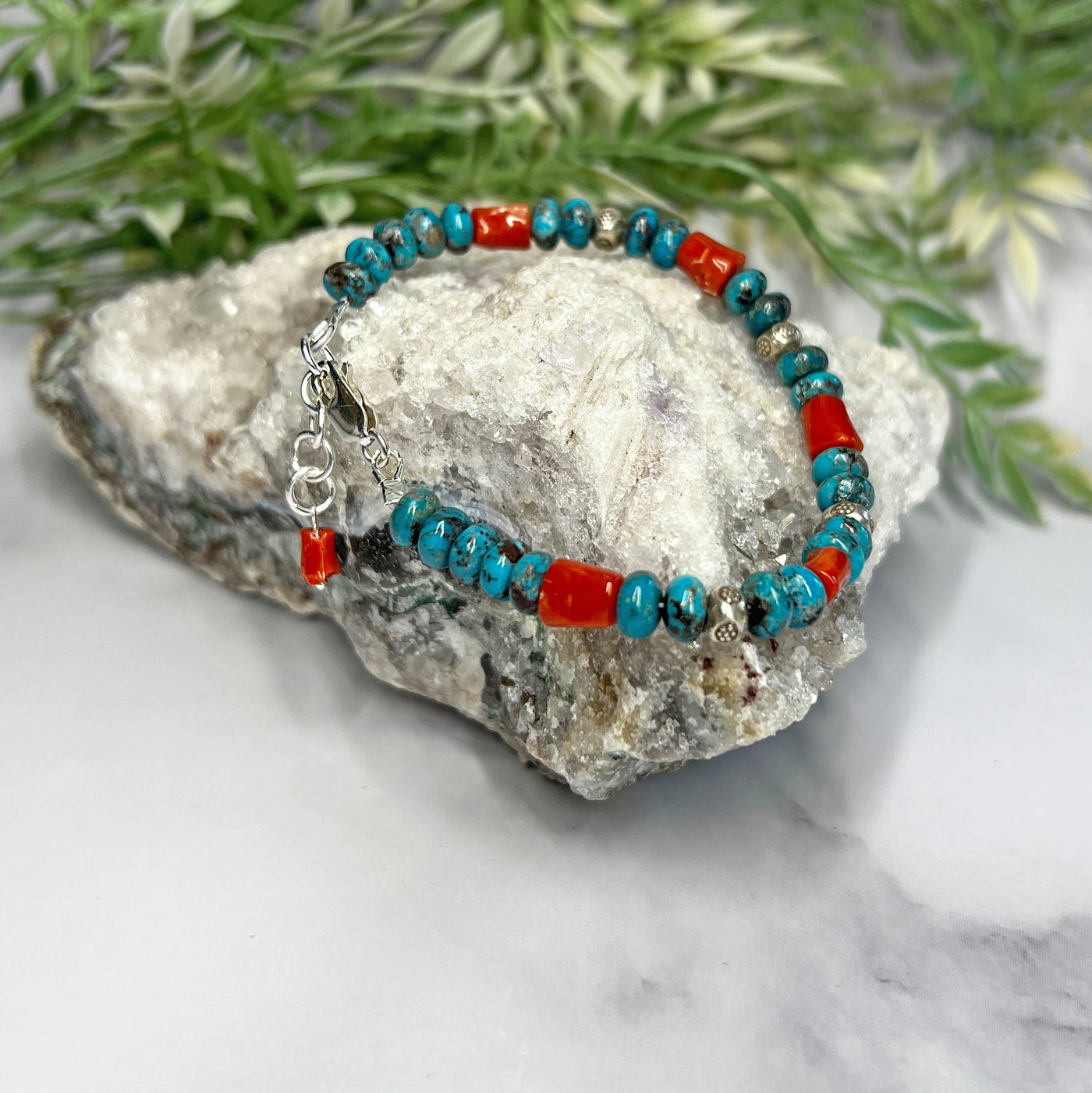 Turquoise, Red Coral and silver Bracelet - Artisan Made