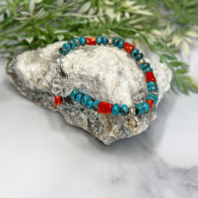 Turquoise, Red Coral and silver Bracelet - Artisan Made