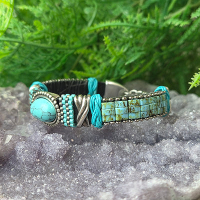 Turquoise South Western Themed Leather Bracelet - Artisan Made