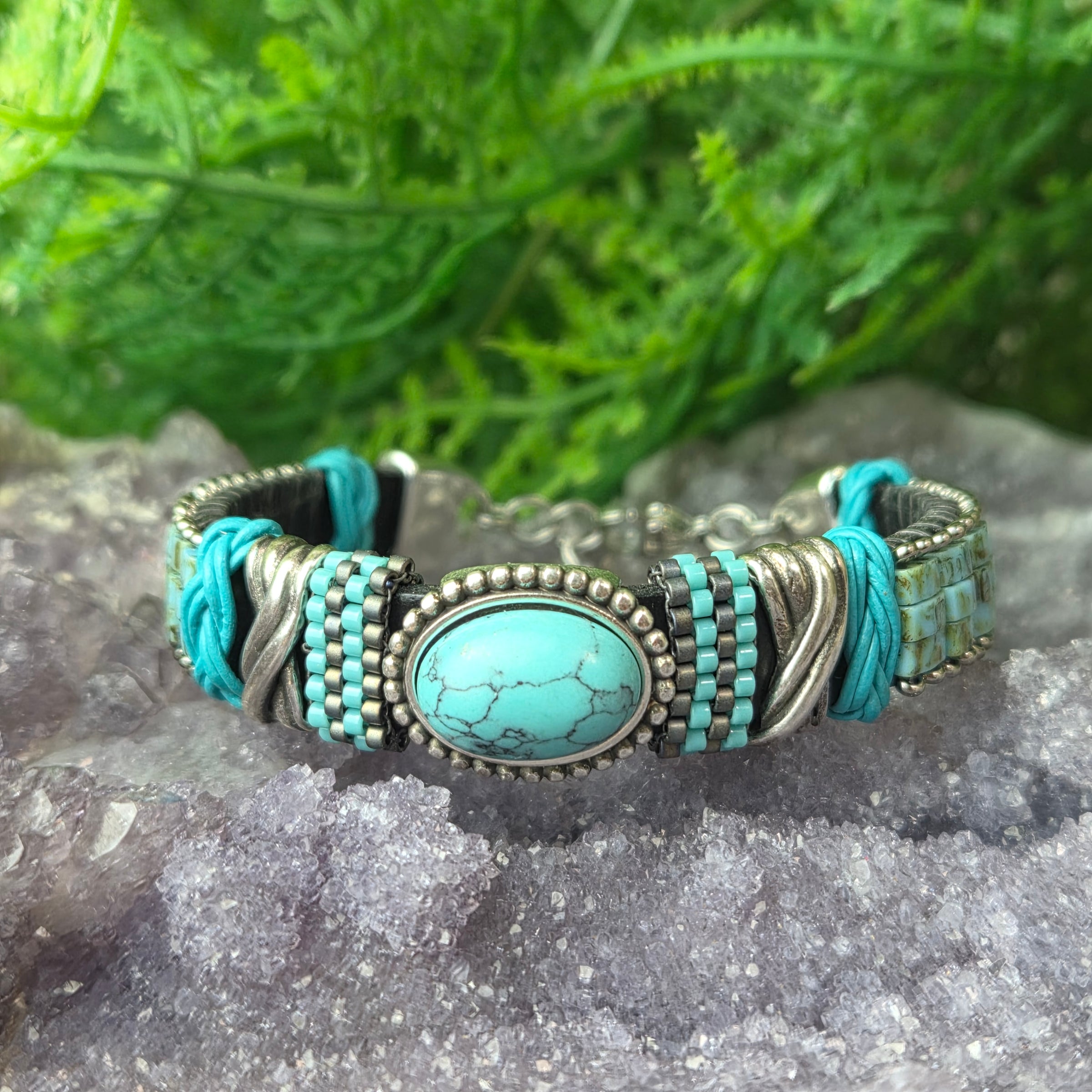 Turquoise South Western Themed Leather Bracelet - Artisan Made