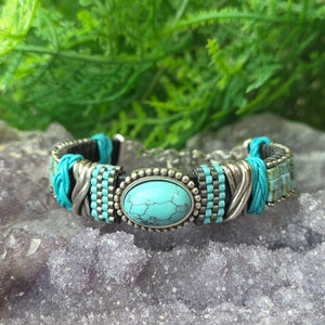 Turquoise South Western Themed Leather Bracelet - Artisan Made