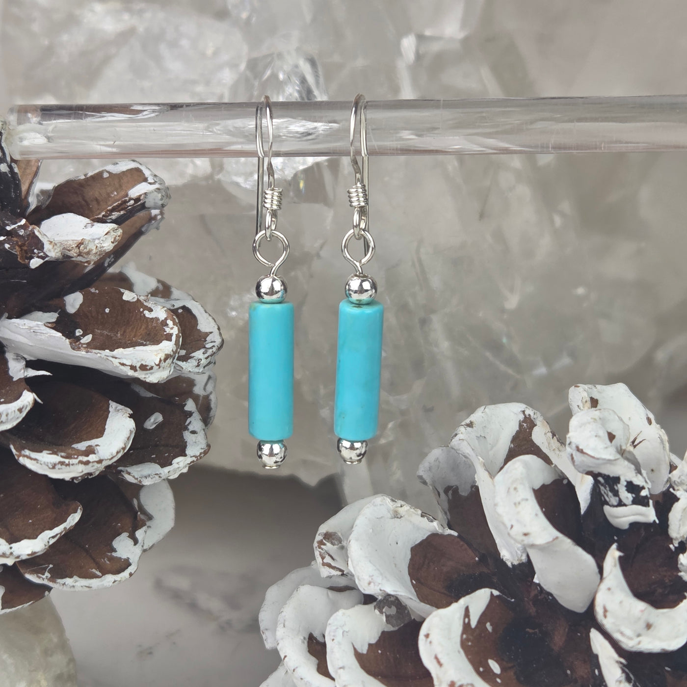 Turquoise Tube Earrings Silver or Gold - Artisan Made