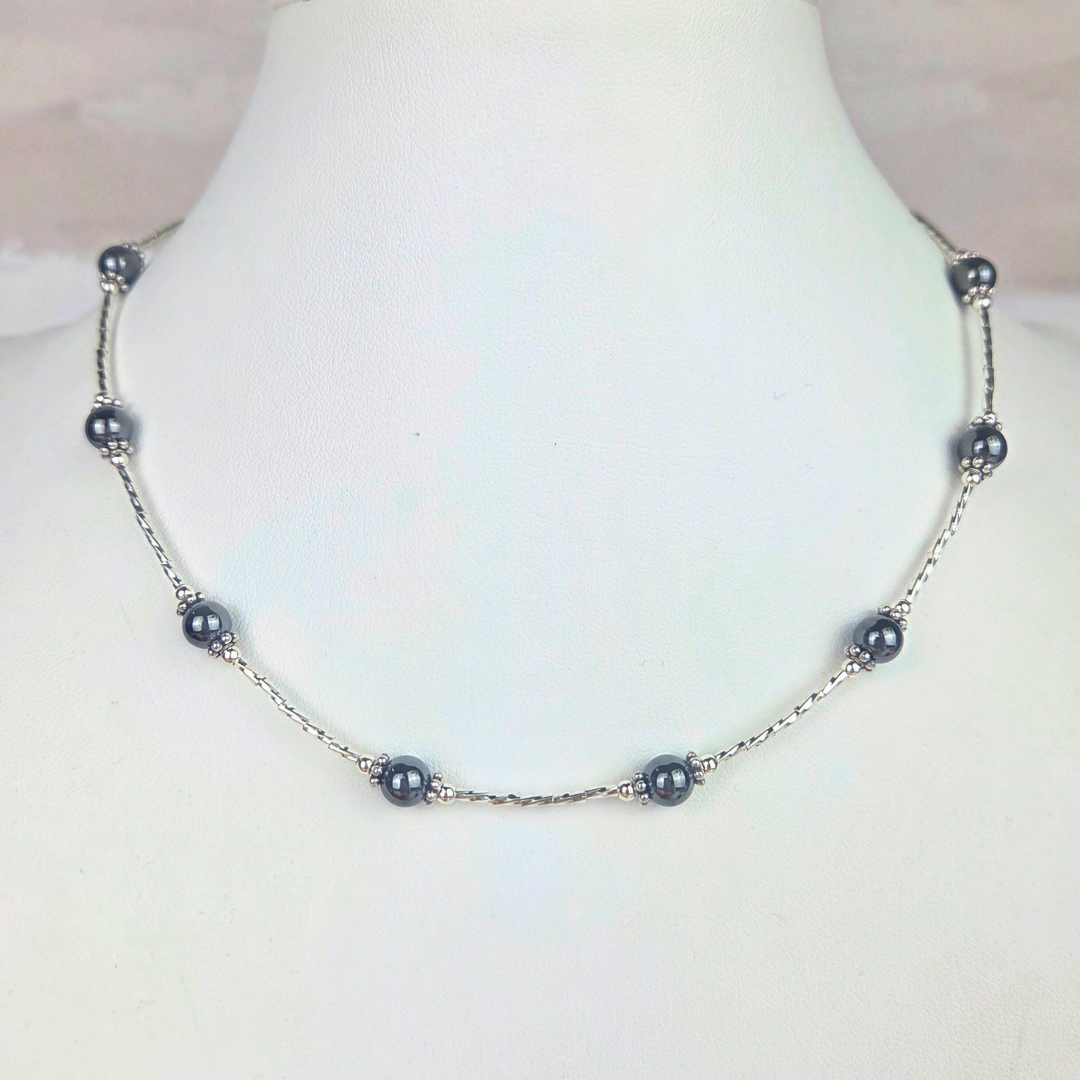 Twisted Liquid Silver with Hematite Necklace - Artisan Made