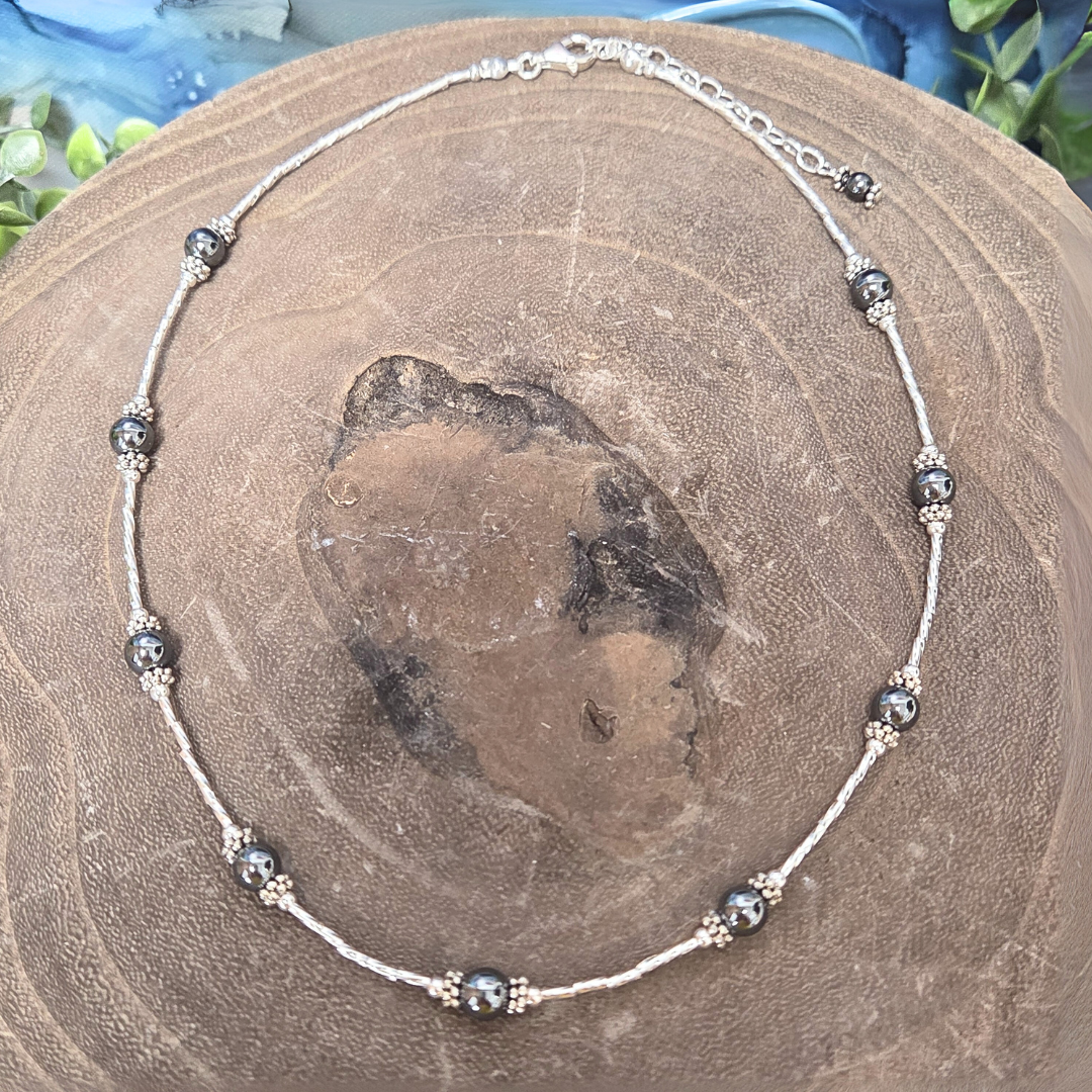 Twisted Liquid Silver with Hematite Necklace - Artisan Made