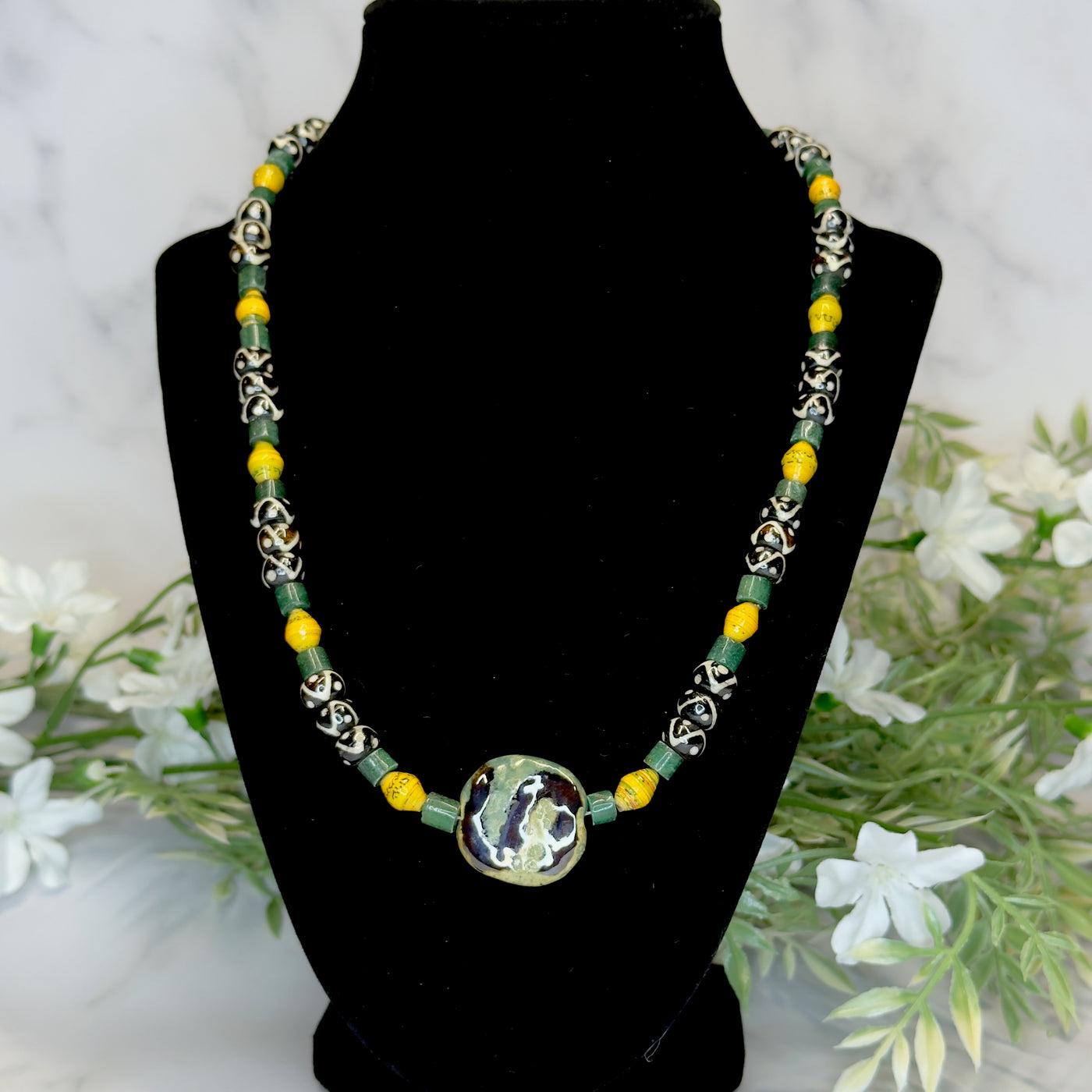 Vintage Paper, Bone and Kazuri Bead Necklace with Aventurine Heishi Beads- Artisan Made