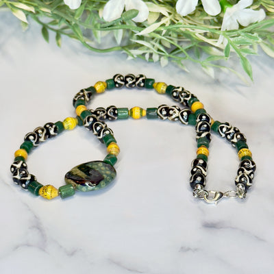 Vintage Paper, Bone and Kazuri Bead Necklace with Aventurine Heishi Beads- Artisan Made