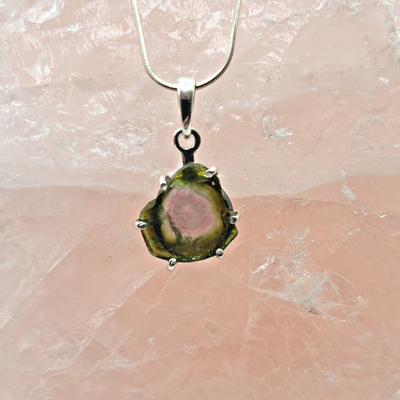 Watermelon Tourmaline Slice Polished Prong sterling silver Pendant