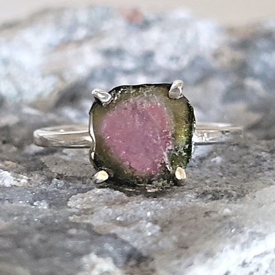 Watermelon Tourmaline Slice Ring with sterling silver Prong Setting and Sized Band