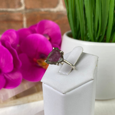 Watermelon Tourmaline Slice Ring with sterling silver Prong Setting and Sized Band