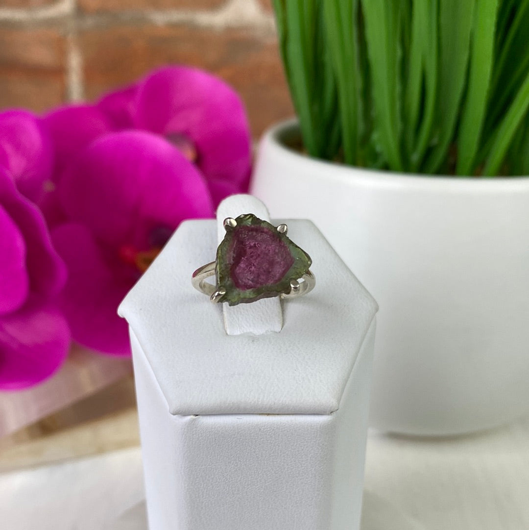 Watermelon Tourmaline Slice Ring with sterling silver Prong Setting and Sized Band