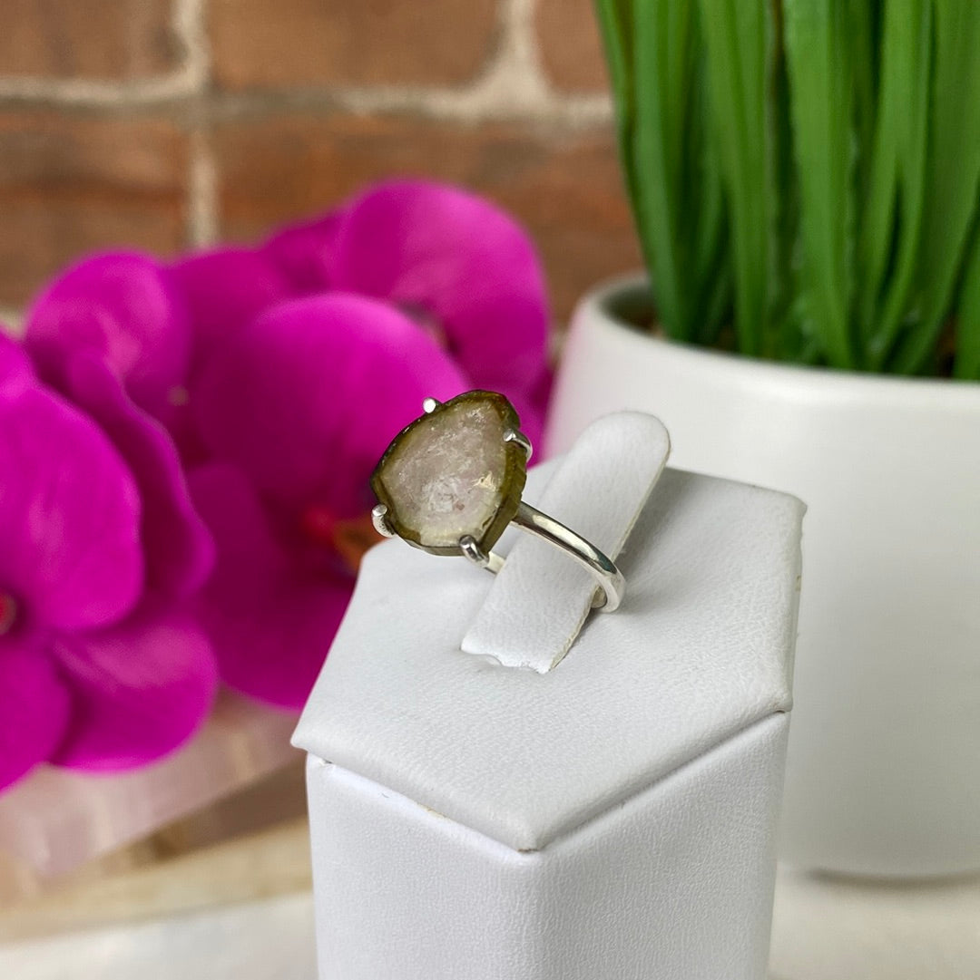 Watermelon Tourmaline Slice Ring with sterling silver Prong Setting and Sized Band