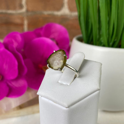 Watermelon Tourmaline Slice Ring with sterling silver Prong Setting and Sized Band