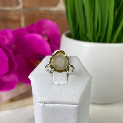 Watermelon Tourmaline Slice Ring with sterling silver Prong Setting and Sized Band