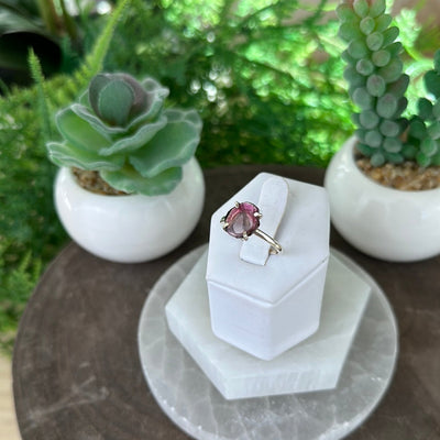 Watermelon Tourmaline Slice Ring with sterling silver Prong Setting and Sized Band