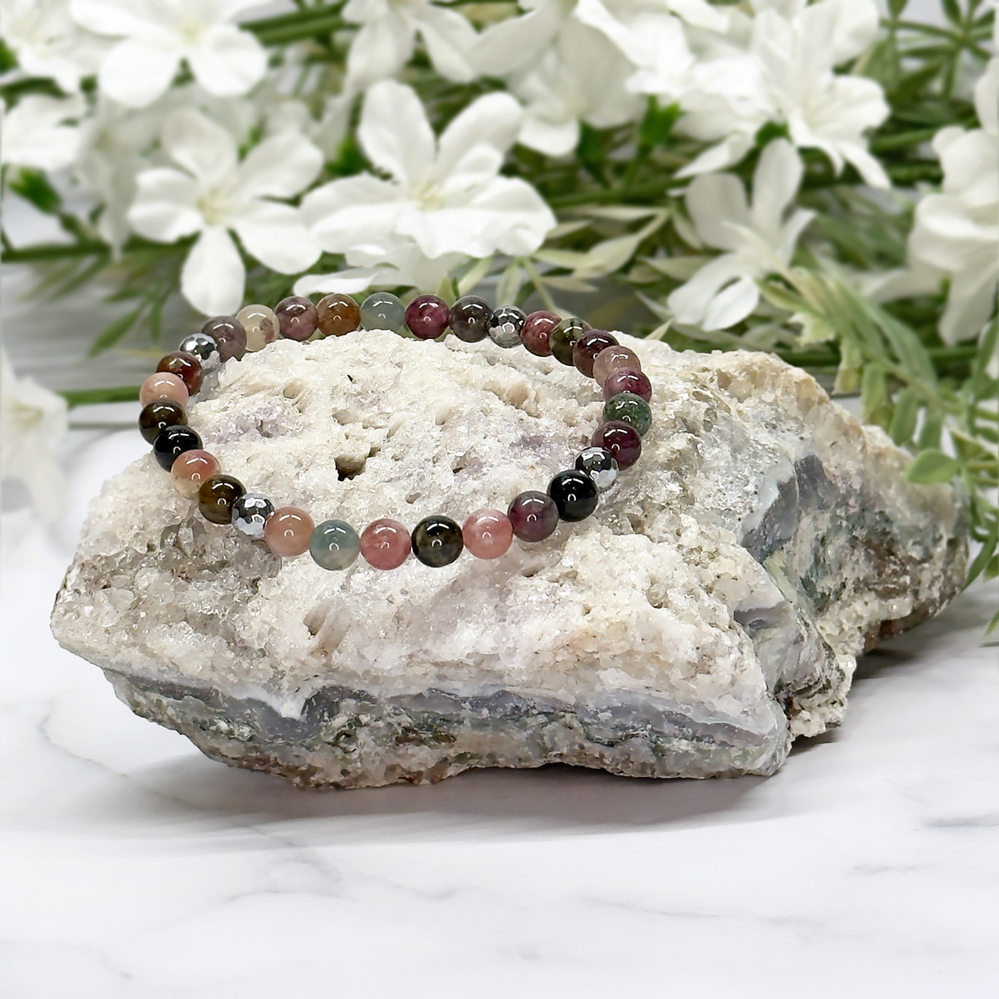 Watermelon Tourmaline and Faceted Hematite Stretch Bracelet - Artisan Made