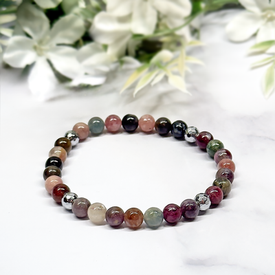 Watermelon Tourmaline and Faceted Hematite Stretch Bracelet - Artisan Made