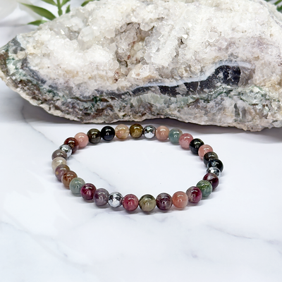 Watermelon Tourmaline and Faceted Hematite Stretch Bracelet - Artisan Made