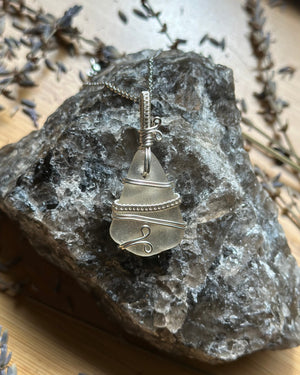 White Diamond Maine Sea Glass Wire Wrapped Necklace - Artisan Made