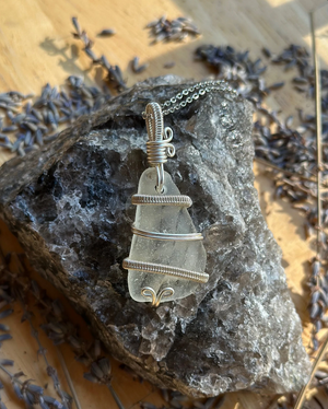 White Rippled Maine Sea Glass Wire Wrapped Necklace - Artisan Made