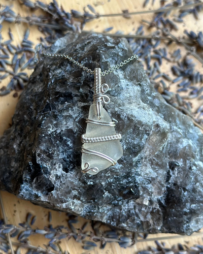 White Triangle Maine Sea Glass Wire Wrapped Necklace - Artisan Made