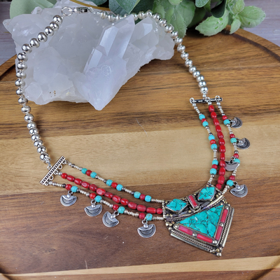 "Wisdom of Tibet" Turquoise & Red Coral Necklace - Artisan Made