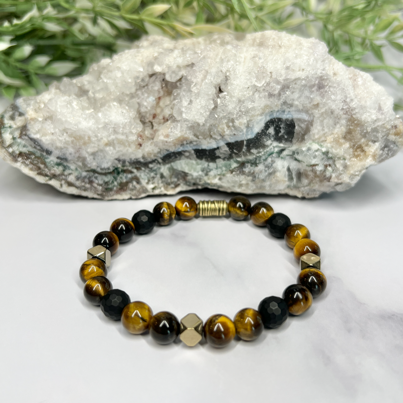 Yellow Tiger's Eye, Onyx and Pyrite Stretch Bracelet-Artisan Made