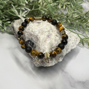 Yellow Tiger's Eye, Onyx and Pyrite Stretch Bracelet-Artisan Made