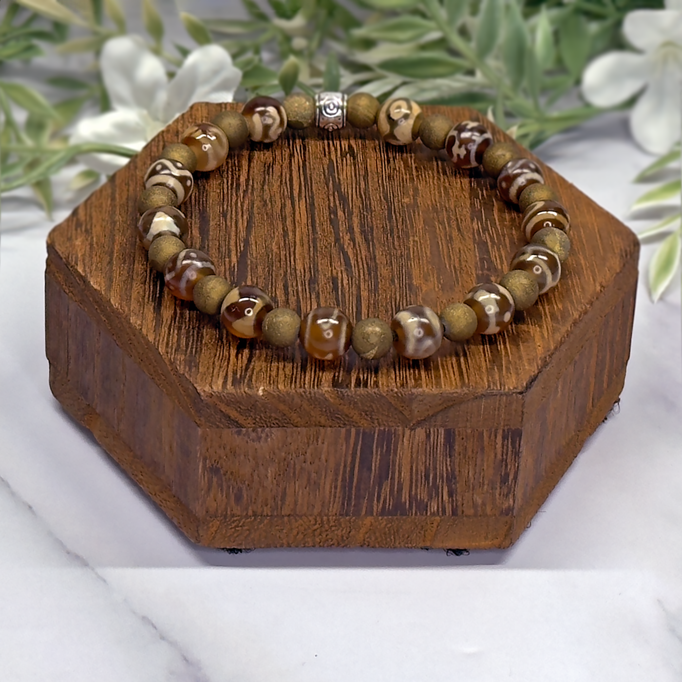 Yellow/Brown Tibetan Agate Dzi, Gold Druzy Quartz– Artisan Made