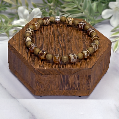 Yellow/Brown Tibetan Agate Dzi, Gold Druzy Quartz– Artisan Made