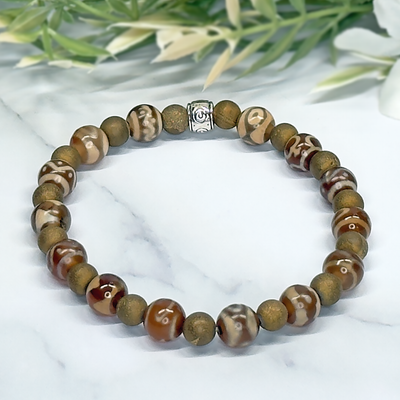 Yellow/Brown Tibetan Agate Dzi, Gold Druzy Quartz– Artisan Made