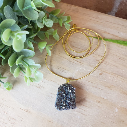 Natural Pyrite Druzy Pendant – Handmade Golden Gemstone Charm, Silver Plated, 2.09", Hook Closure, W029
