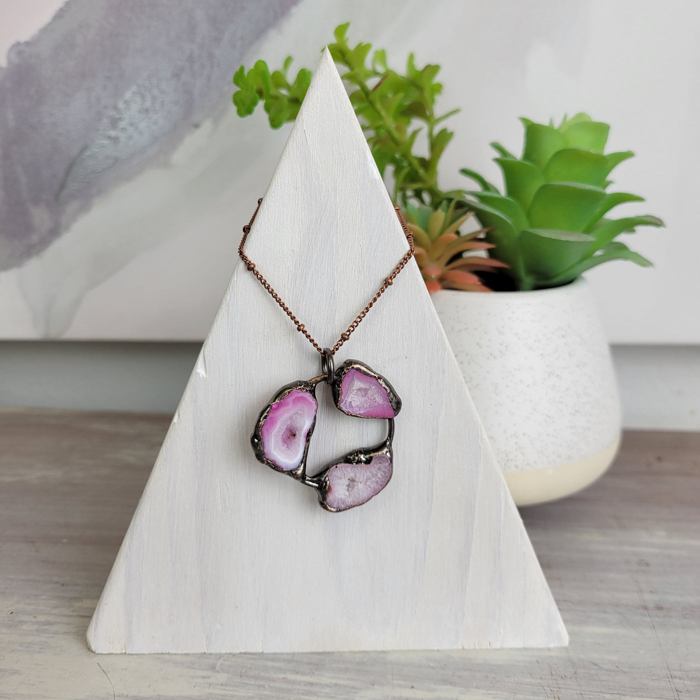 Agate Geode Slice Three Stone Necklace with Chain