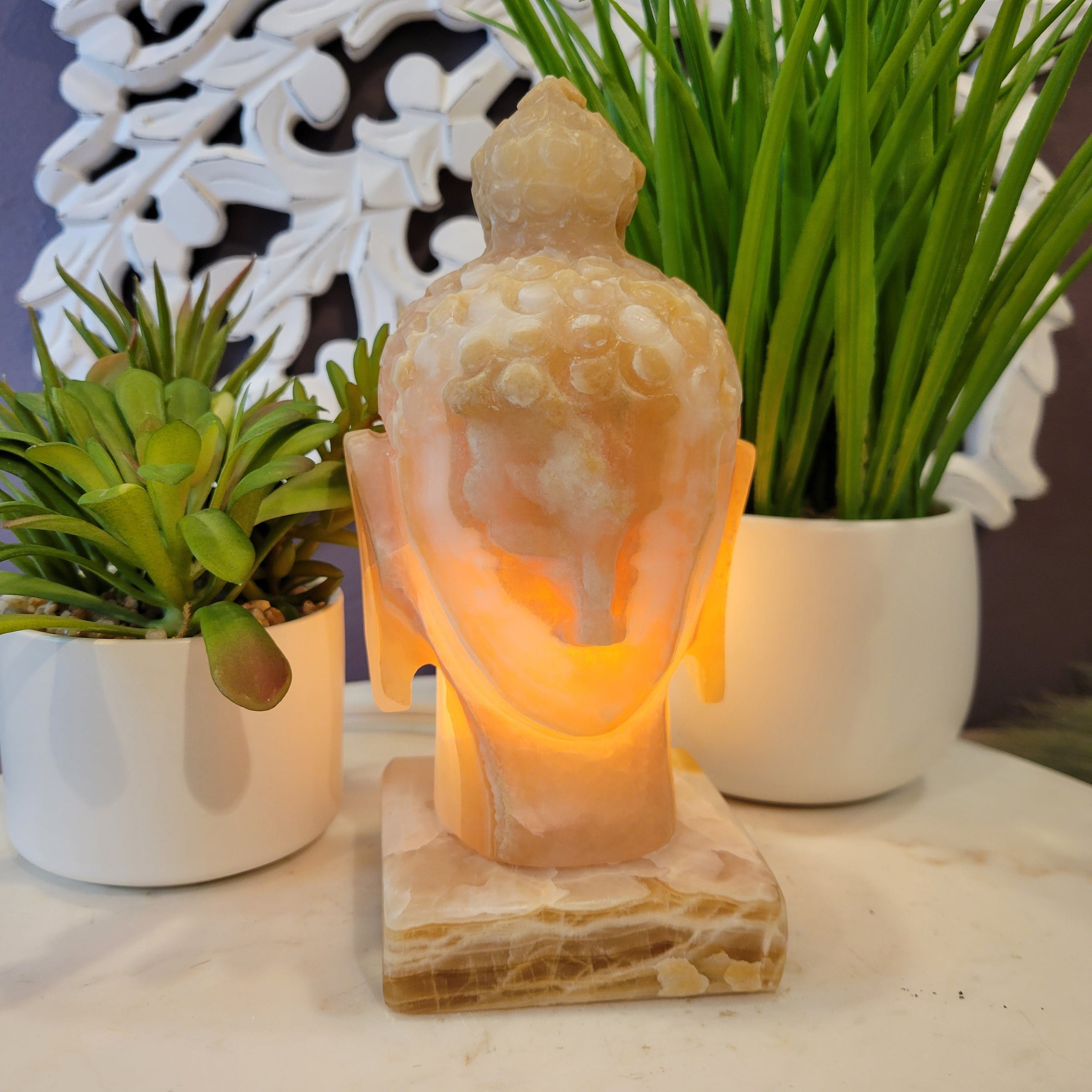 Amber Onyx Buddha Head Lamp with Bulb and Cord
