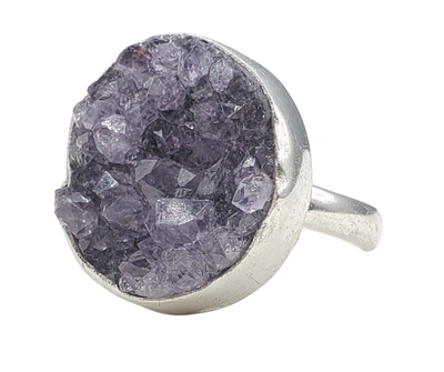 Amethyst Druzy Crystal Gemstone Ring (Round) with Adjustable Sterling Silver Band