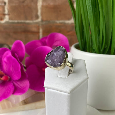 Amethyst Druzy Crystal Gemstone Ring (Round) with Adjustable Sterling Silver Band