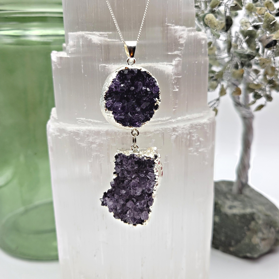Amethyst Druzy Double Silver-Plated Pendant