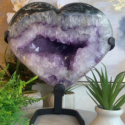 Amethyst Geode Polished Heart on Custom Stand (10.5”w x 9.5”l)