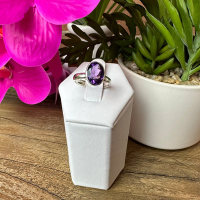 Amethyst Large Bezeled Ring .5" in Sized Sterling Silver Band (Assorted Shapes)