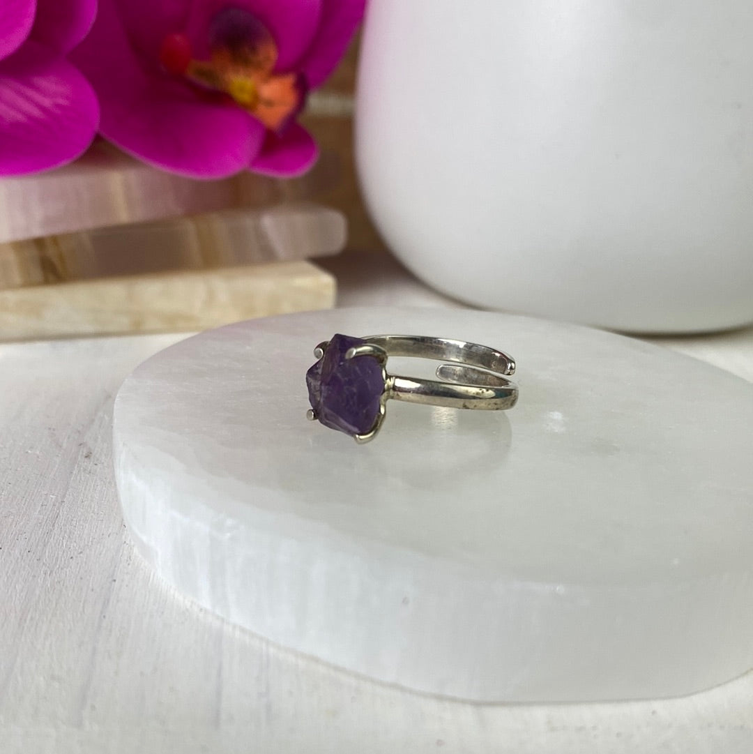 Amethyst Natural Gemstone Ring with Prong Sterling Silver Setting - Sized