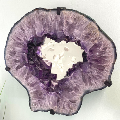 Amethyst Slice Mirror with Custom Iron Frame - 10.160kg 13.5"w x 14"h