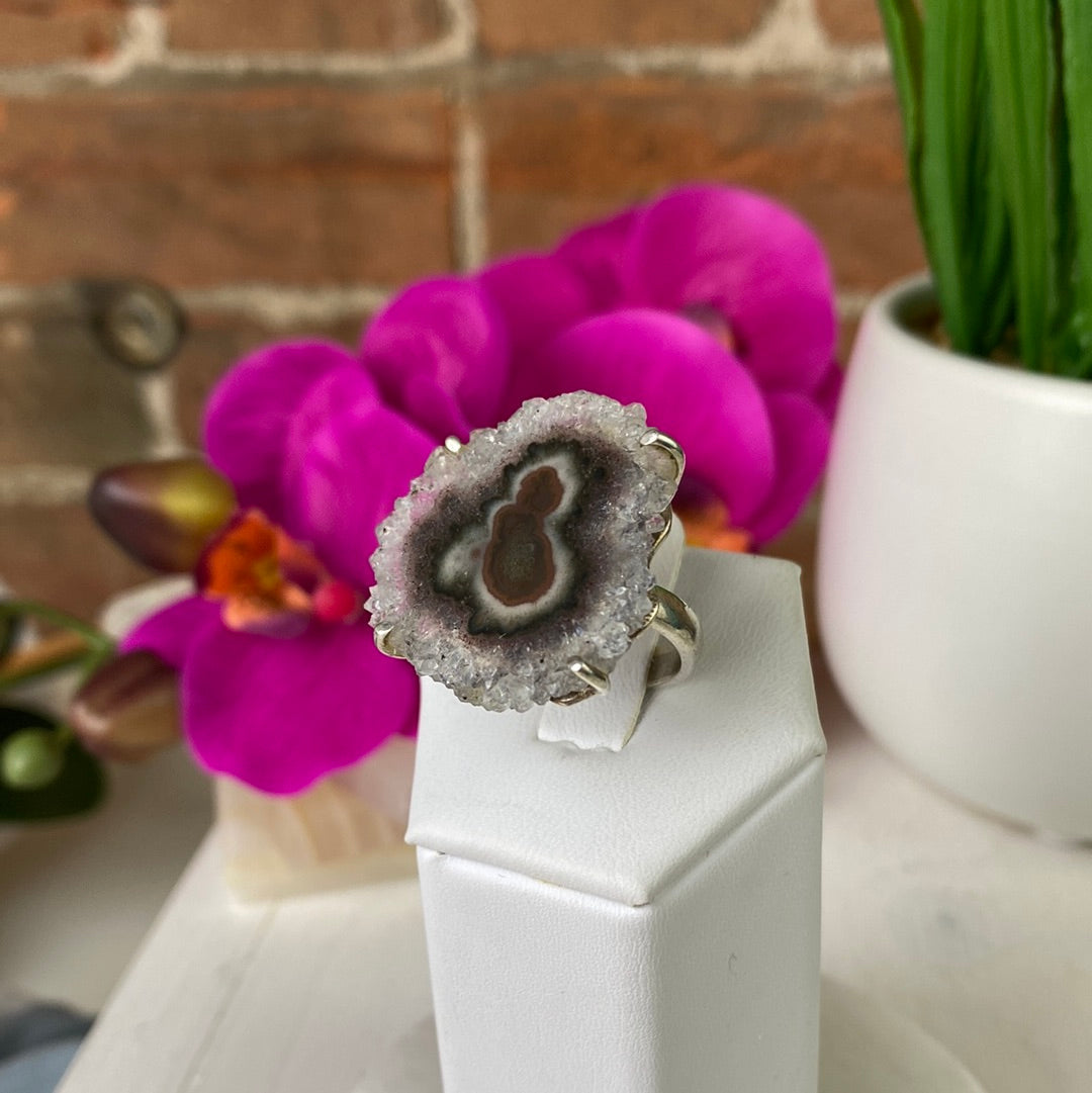 Amethyst Stalactite Flower Ring with Sterling Silver Prong Settings and Adjustable Band
