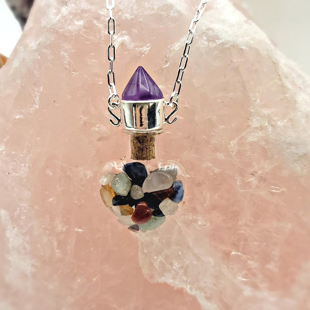 Amethyst Tip Heart Bottle w/Chakra Stone Chips Necklace