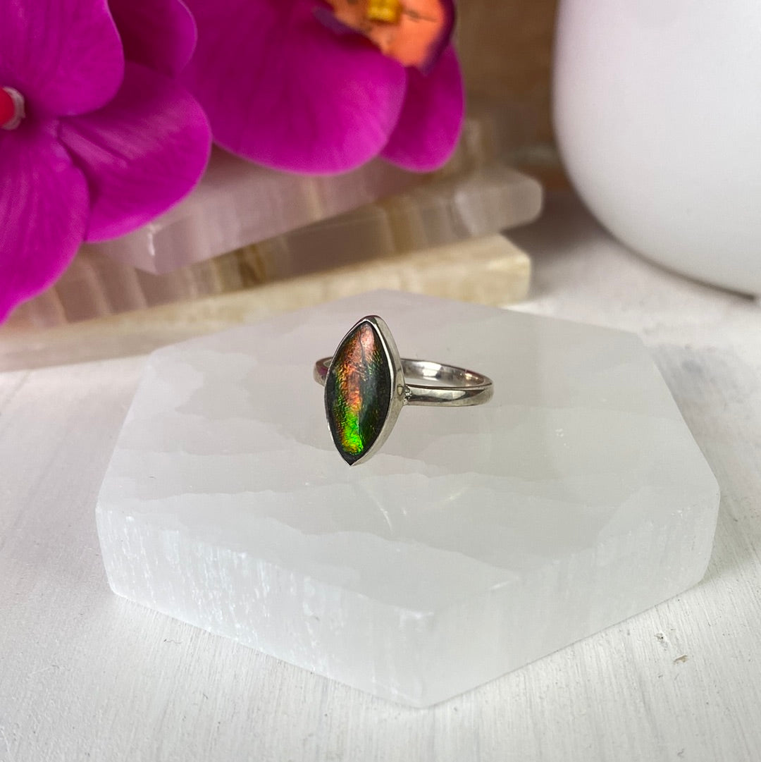 Ammolite Polished Ring in Sterling Silver Setting in Marquise Shape - Sized