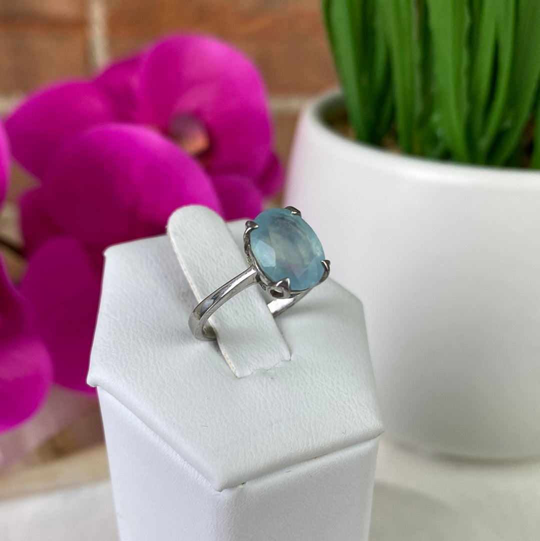 Aquamarine Rectangle/Oval Bezel Prong Ring with Sterling Silver Prong Setting and Sized Band