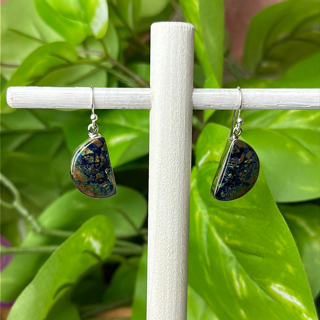 Azurite Malachite Polished Freeform Earrings in Sterling Silver