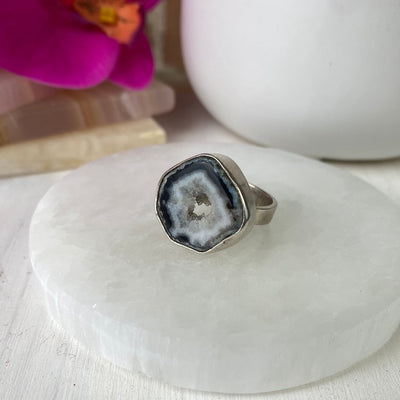 Black Agate Slice Ring with Sterling Silver Adjustable Band 1"